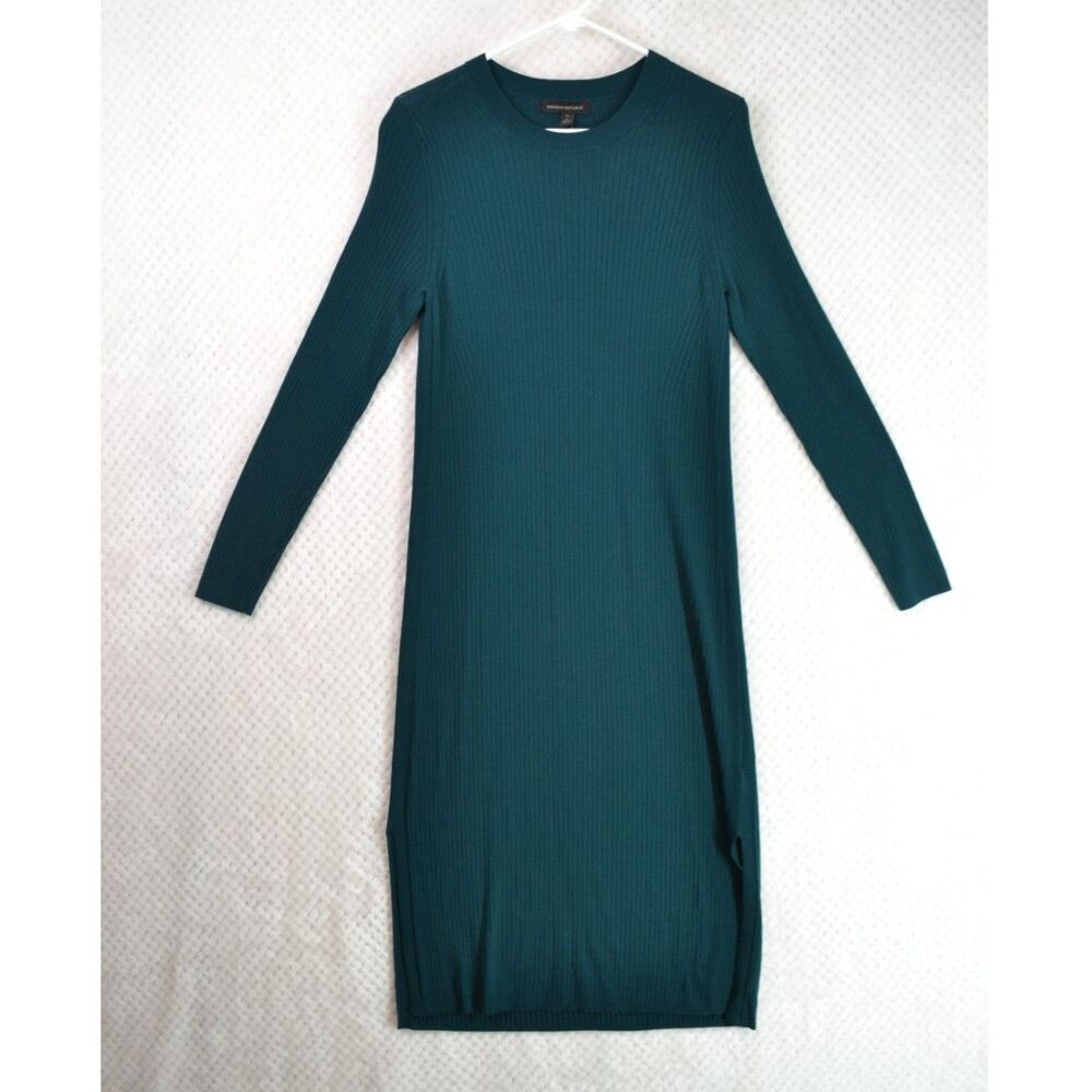 Banana Republic Women's Large Tall Dark Green Rib Knit Long Sleeve Sweater Dress